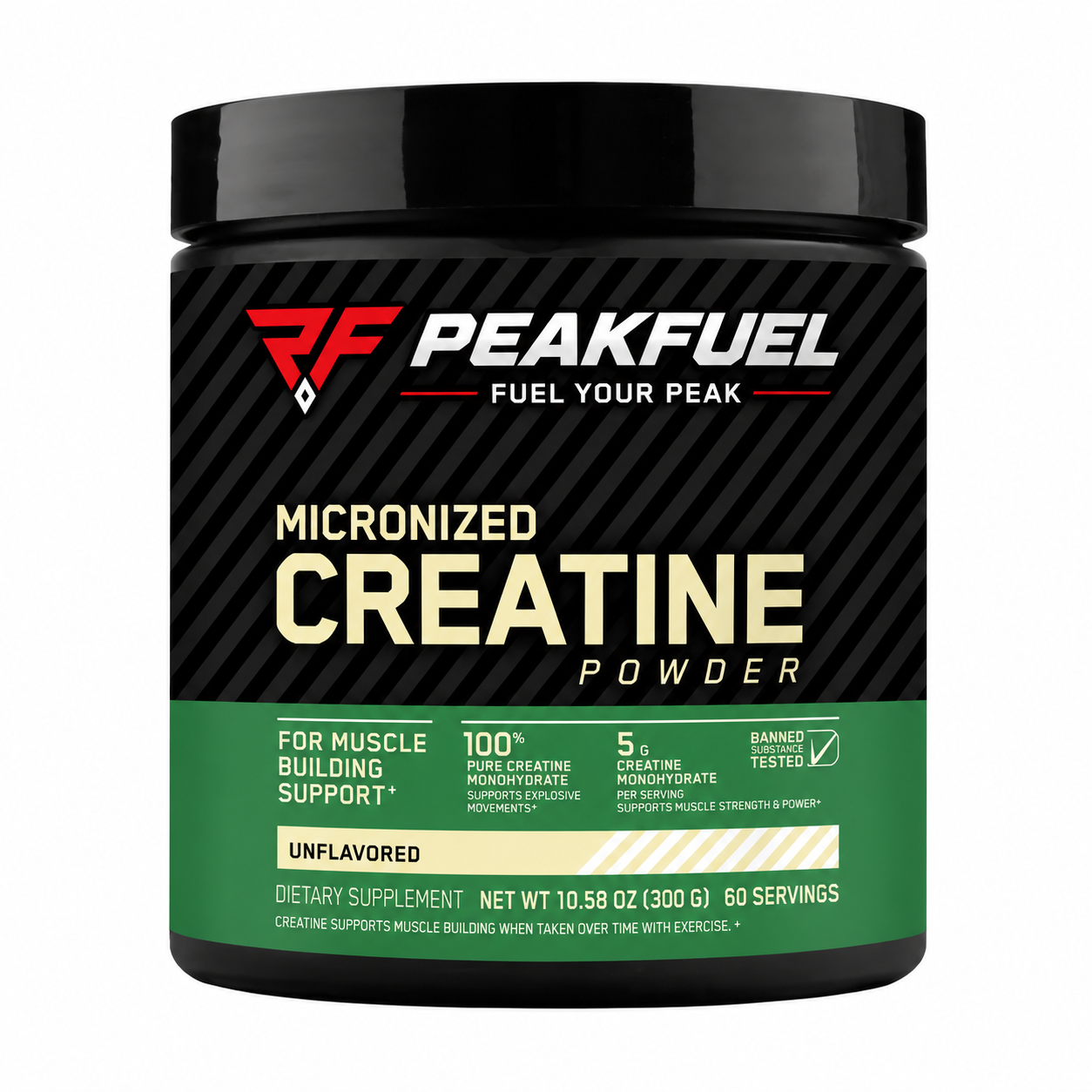 A black plastic tub of PeakFuel Micronized Creatine Powder with a black, white, and green label, shown on a plain white background.