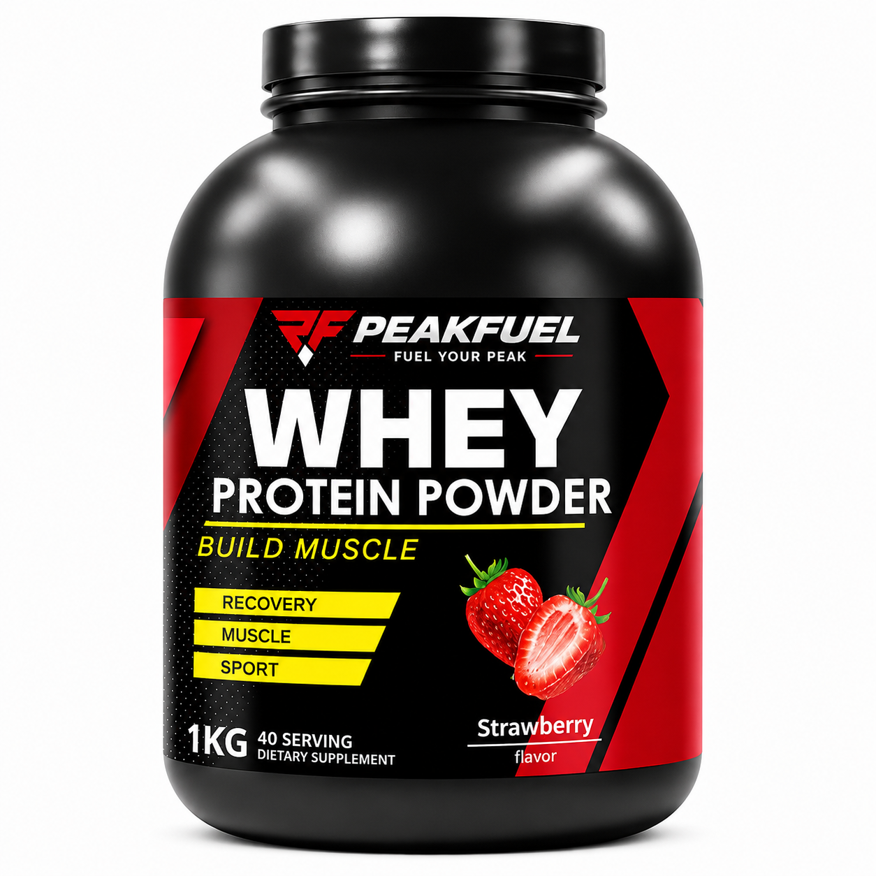 A 1kg black tub of PeakFuel Whey Protein Powder in Strawberry flavor, featuring a black and red label with white and yellow text.