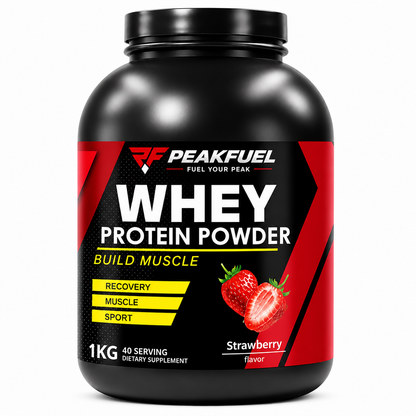 A 1kg black tub of PeakFuel Whey Protein Powder in Strawberry flavor, featuring a black and red label with white and yellow text.