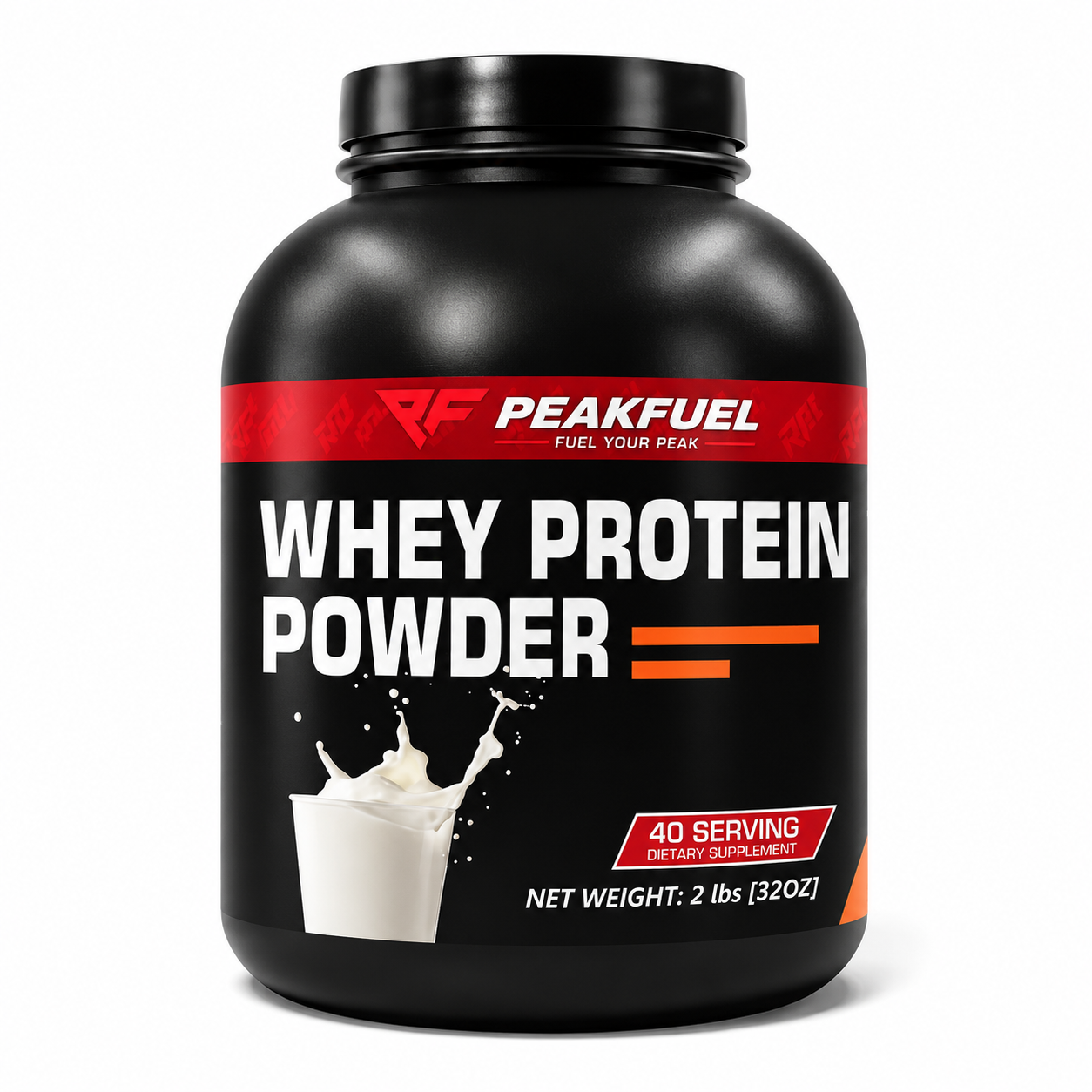 A black tub of PeakFuel Whey Protein Powder with a red and white label, shown on a clean white background.