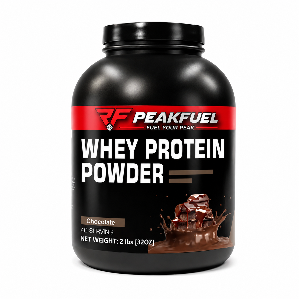 Peakfuel whey protein powder container on a white background