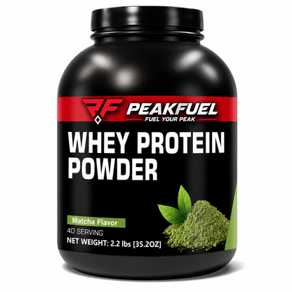 Black container of PeakFuel whey protein powder with matcha flavor on a white background