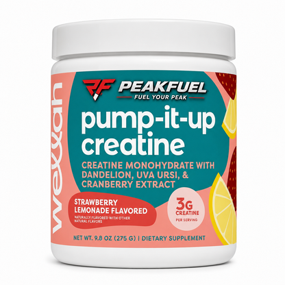 A white plastic tub of PeakFuel Pump-It-Up Creatine dietary supplement, strawberry lemonade flavored, with a colorful teal, coral, and red label.