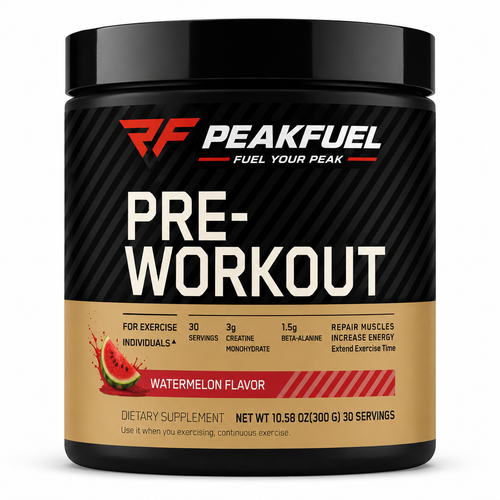 A black tub of PeakFuel Pre-Workout dietary supplement in Watermelon Flavor, featuring a black and gold label with white and red text.