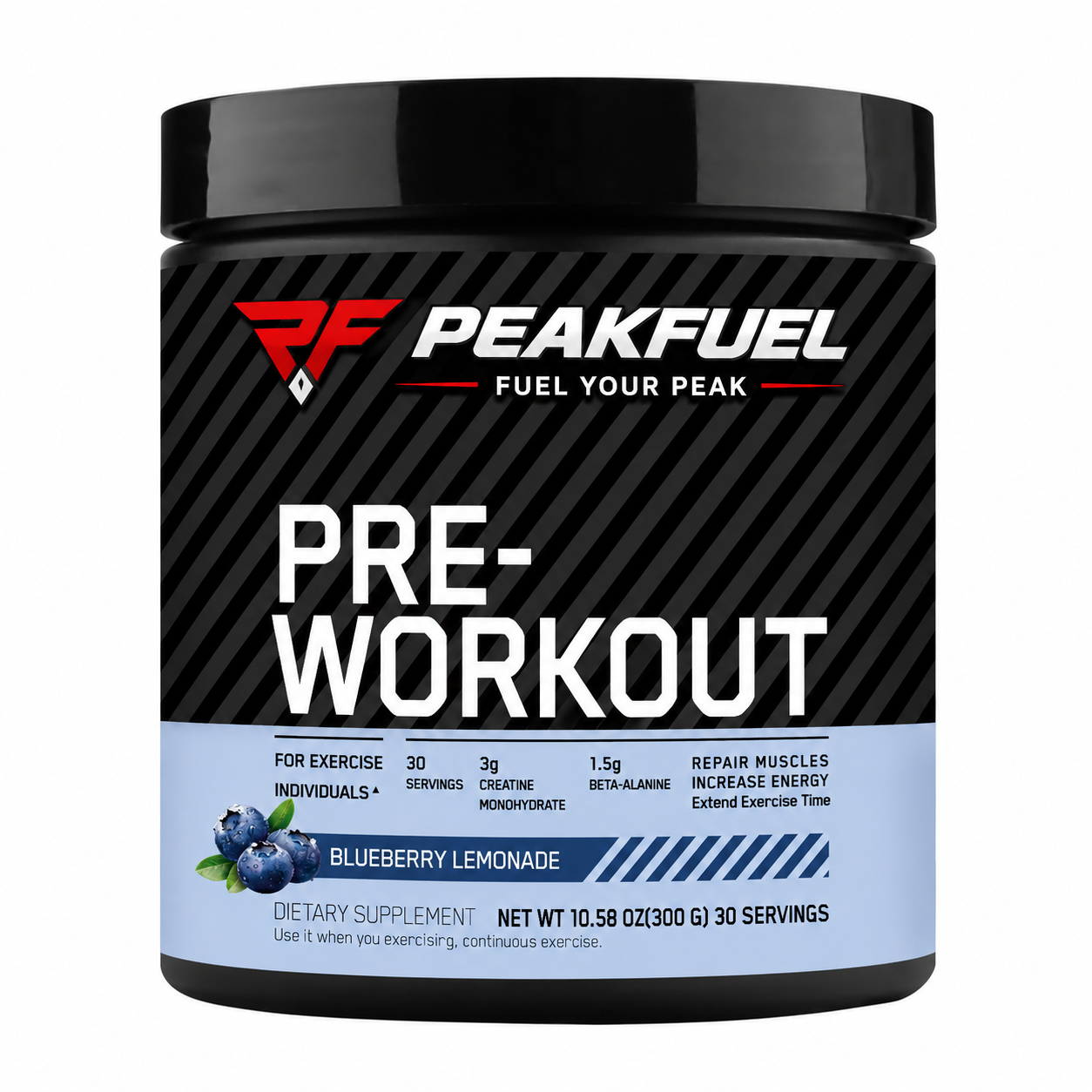 A black plastic tub of PeakFuel Pre-Workout dietary supplement with a black and light blue label, on a plain white background.