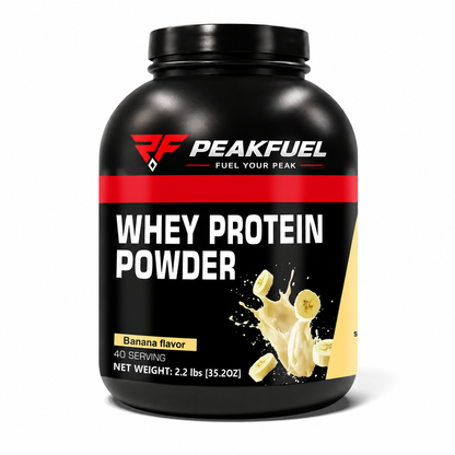 Peakfuel whey protein powder container on a white background