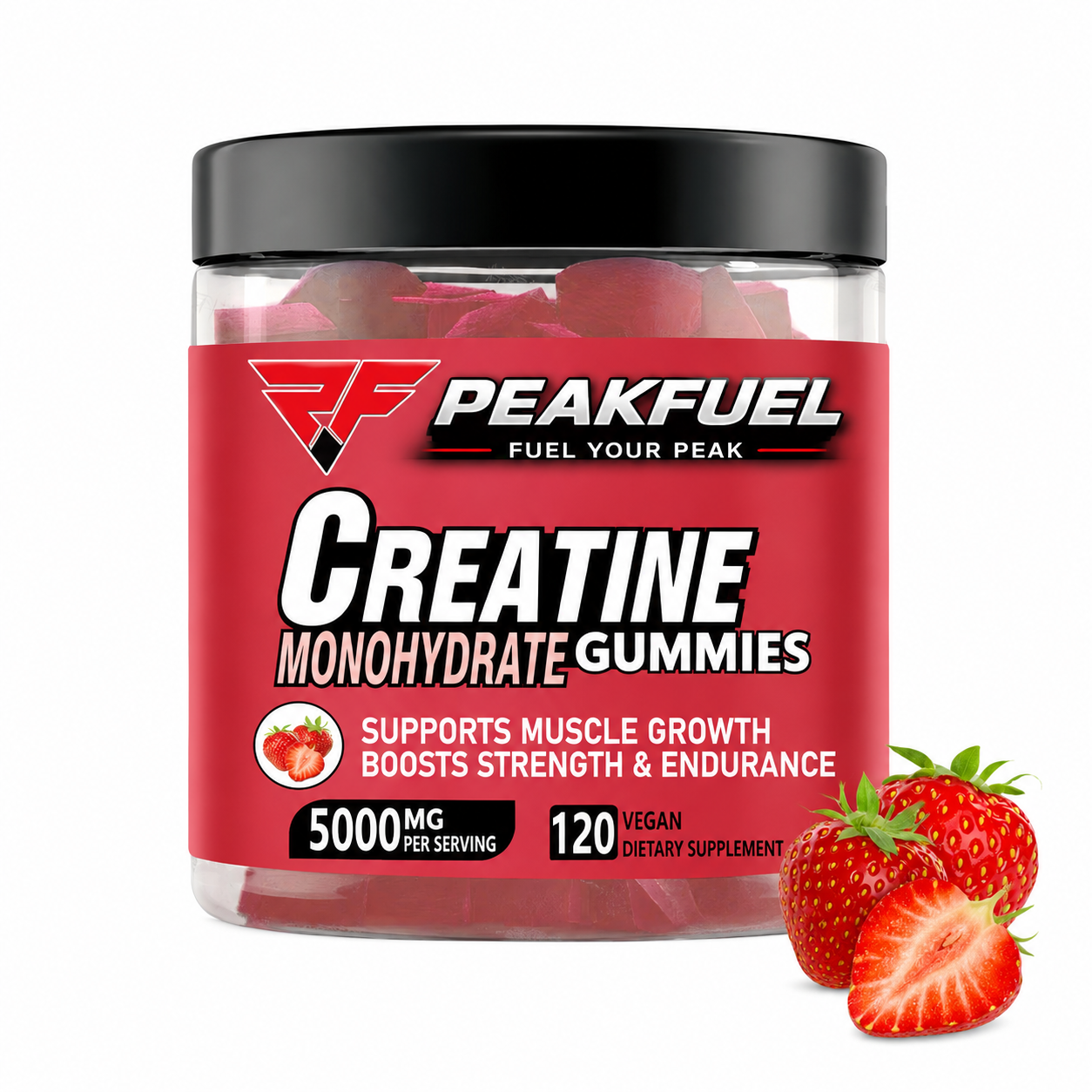 A jar of PeakFuel Creatine Monohydrate Gummies in strawberry flavor, featuring a red label and black lid, with fresh strawberries shown next to it on a white background.
