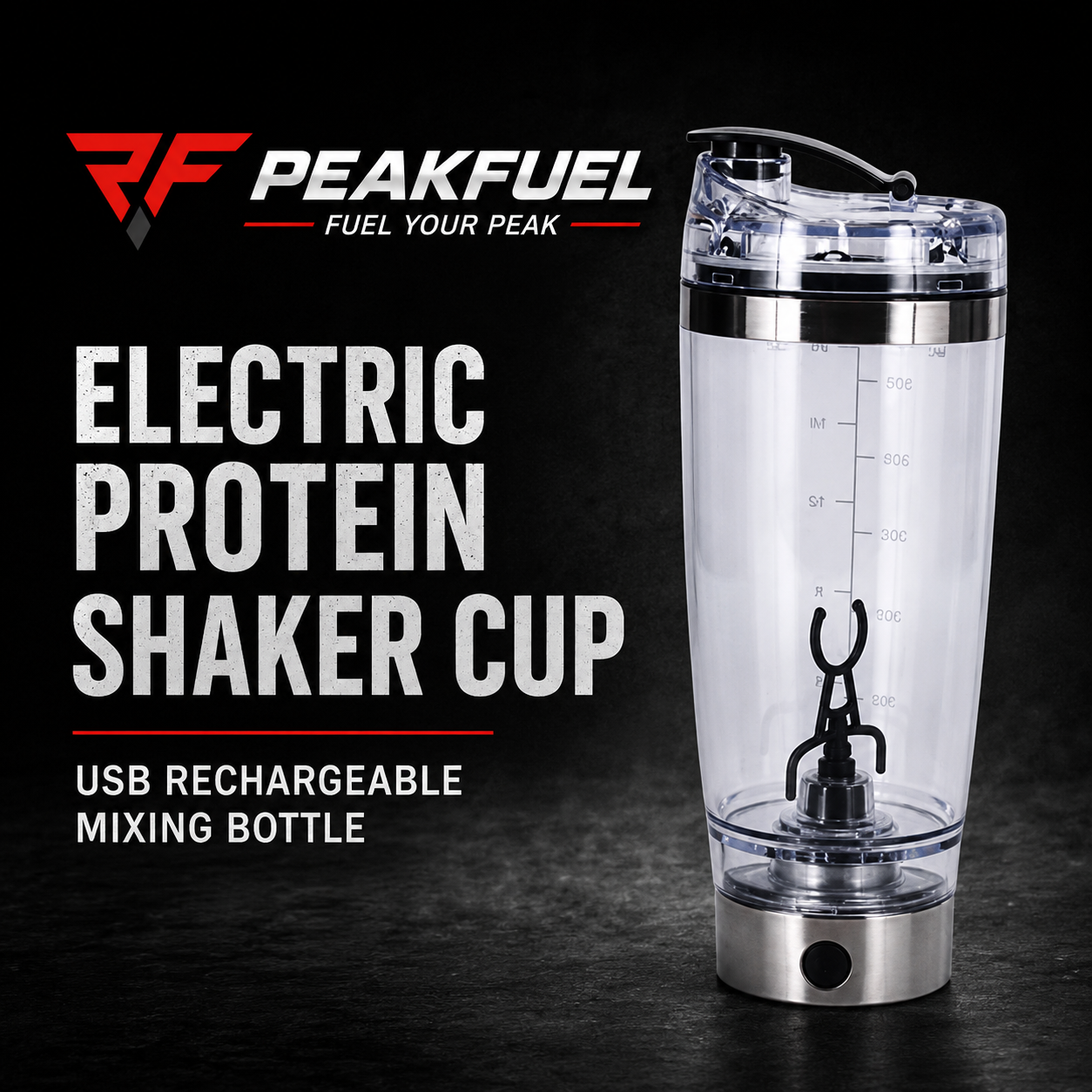 PeakFuel Electric Protein Shaker Cup – USB Rechargeable Mixing Bottle