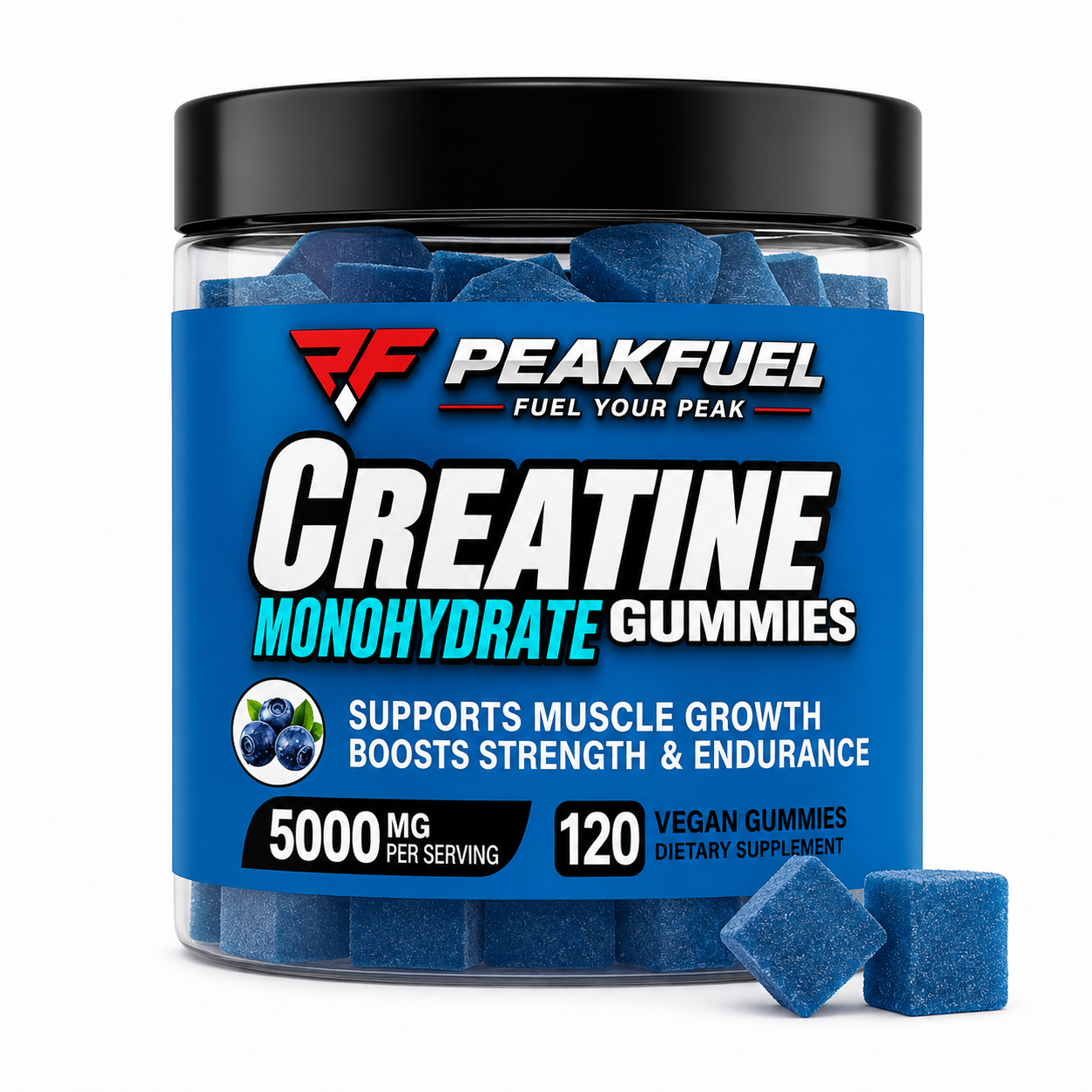 A clear plastic jar of PeakFuel Creatine Monohydrate Gummies with a black lid and a bright blue label, shown on a white background with three blue gummies in front.