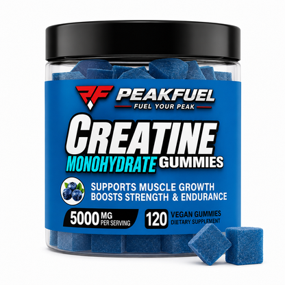 A clear plastic jar of PeakFuel Creatine Monohydrate Gummies with a black lid and a bright blue label, shown on a white background with three blue gummies in front.