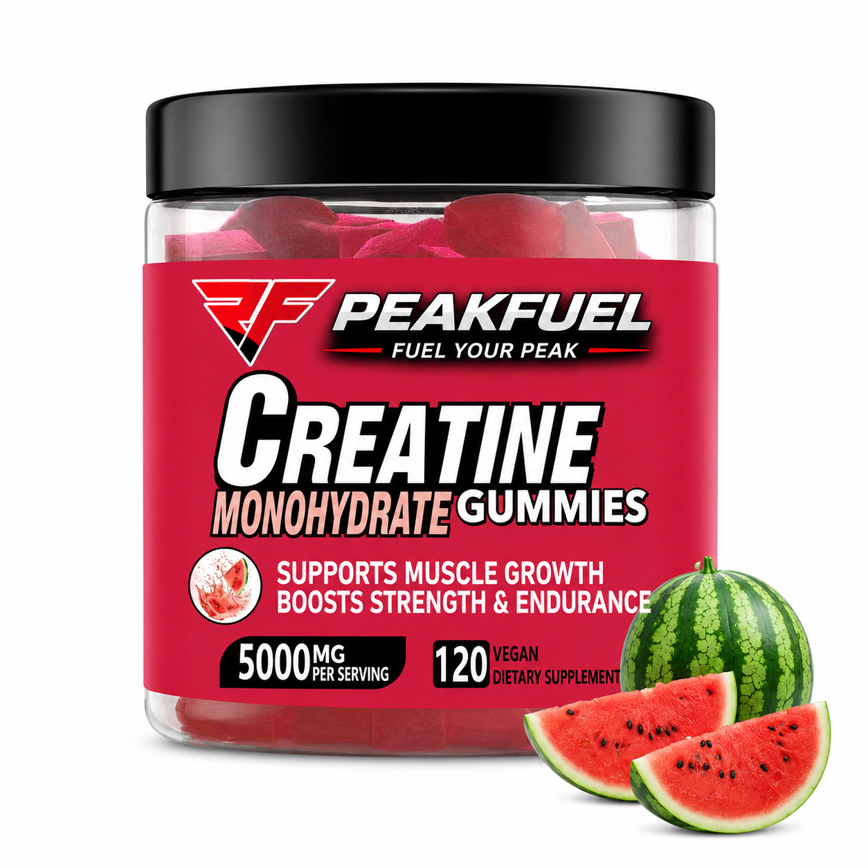 A jar of PeakFuel Creatine Monohydrate Gummies on a white background, with watermelon slices and a whole watermelon graphic in the lower right corner to indicate flavor. The product features a black lid and a red label with white and black text.