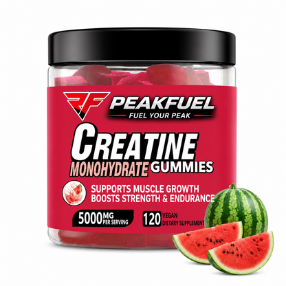A jar of PeakFuel Creatine Monohydrate Gummies on a white background, with watermelon slices and a whole watermelon graphic in the lower right corner to indicate flavor. The product features a black lid and a red label with white and black text.
